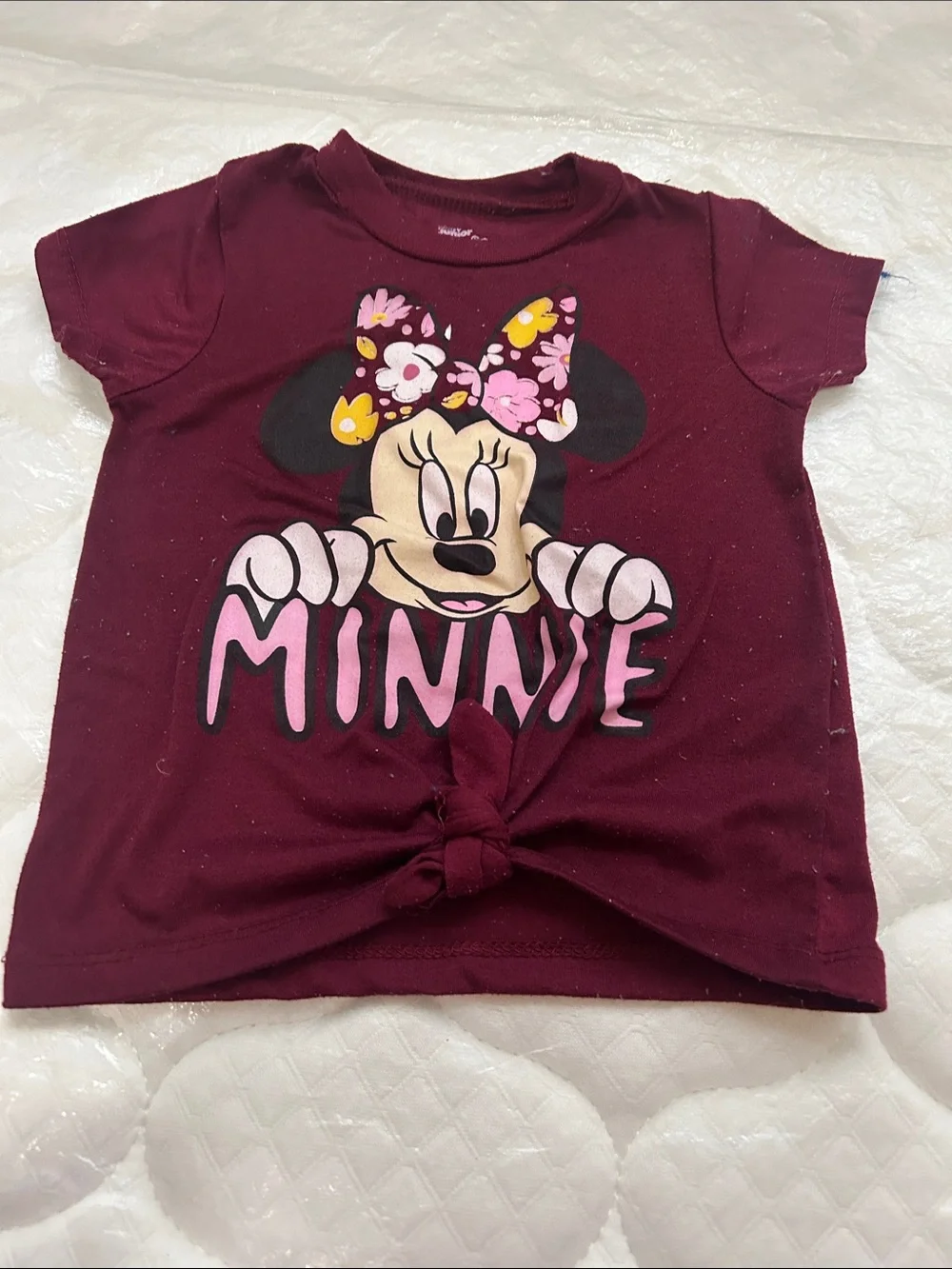 Disney Minnie Mouse Short Sleeve Tie-Front Tee - Maroon with Pink Accent